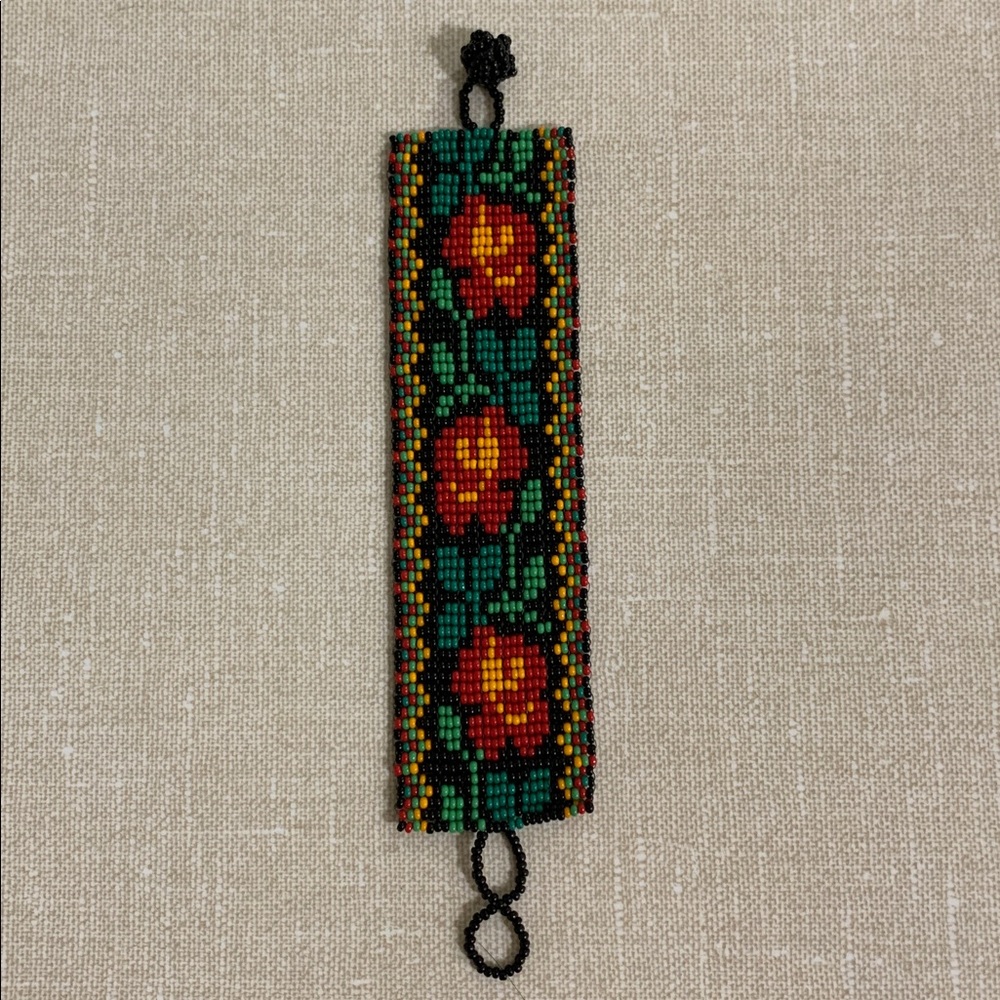 🌷3 for $25🌷Handmade, US OS, Black Red Green & Orange Hand Beaded Floral Bracelet